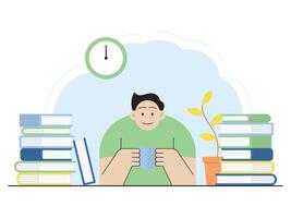a person studying and reading with a pile of books beside him vector