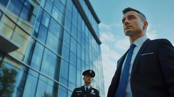 Businessman and security guard outside a modern office building on a sunny day photo