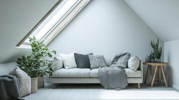 Cozy attic living space with a sofa, blankets, and houseplants with natural light streaming through skylights photo