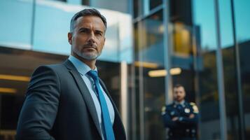 Businessman in a suit stands confidently outside a modern office building with a security guard visible in the background during daylight photo