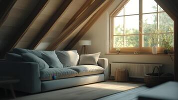 Cozy attic living space with natural light streaming through large window and comfortable sofa, captured during the day photo