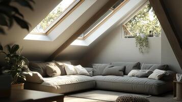 Cozy attic living area with skylights and modern decor during daylight photo