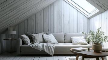 Cozy modern attic living space with sloped wooden ceiling and natural light during the day photo