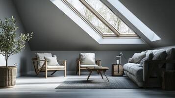 Cozy attic living space with natural light and modern decor during daylight photo