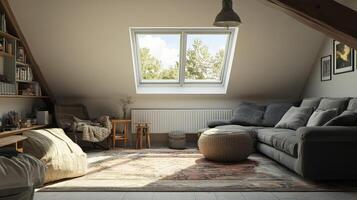 Cozy attic living room with large skylight and modern decor, featuring comfortable seating and natural light during the day photo