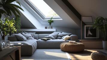Cozy modern attic living room with skylight and greenery during the day photo
