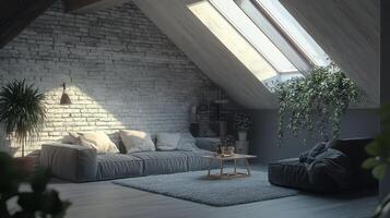 Cozy attic living room with skylights and plants in a modern interior design during daylight photo