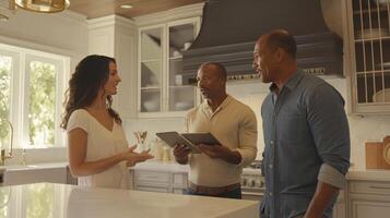 Three individuals discussing plans in a bright, modern kitchen during daytime photo