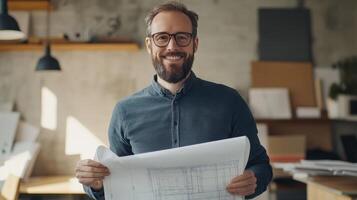 Architect holding blueprints in a modern office space during daylight photo