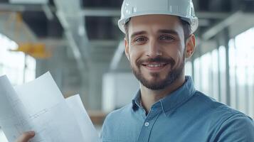 Construction worker at job site holding blueprints while smiling in a bright workspace during daylight photo
