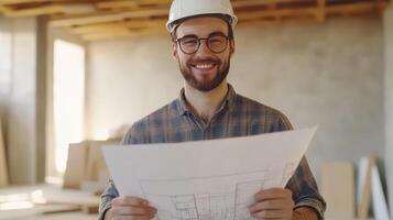 Construction worker holding blueprints in a building site during the day photo