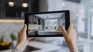 A person holds a tablet displaying a modern kitchen interior design in a bright, spacious room during daylight photo