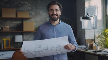A smiling architect holding blueprints in a modern office filled with natural light during the day photo