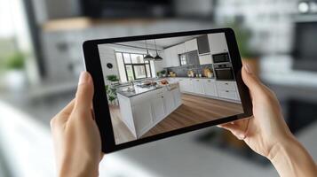 Person holding a tablet displaying a modern kitchen with white cabinets and a gray countertop during daylight photo
