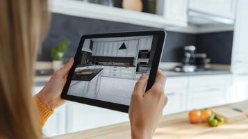 Person using a tablet to visualize kitchen design ideas in a modern, bright kitchen space during the day photo