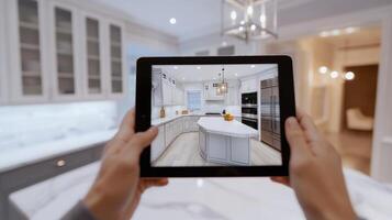 Person holding a tablet displaying a modern kitchen interior design in a bright, open space with elegant cabinetry and marble countertops photo