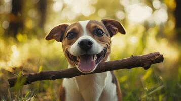 Happy dog carrying a stick in a grassy park during golden hour light photo