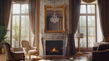 Elegant living room with marble fireplace and chandelier at midday photo