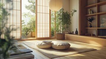 Cozy sunlight-filled room with floor cushions and greenery in a serene setting photo