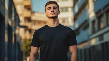 Young man stands confidently in urban setting during golden hour, showcasing a fashionable casual look photo
