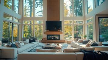 Modern living room with large windows overlooking a forested area during the day photo