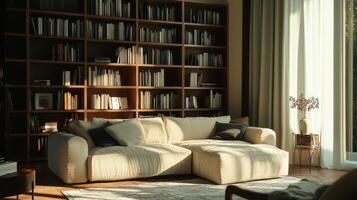 Cozy living room with a large sectional sofa and bookshelves filled with books in warm afternoon light photo