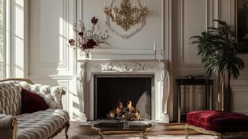 Cozy living room with a fireplace and elegant decor during the afternoon sunlight photo