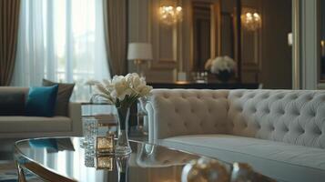 Elegant living room with chic decor and soft lighting in a modern luxury space, showcasing a stylish sofa and a flower arrangement photo