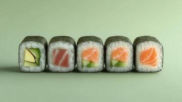 Delicious assortment of sushi rolls displayed on a pastel green background photo