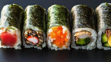 Fresh sushi rolls on a black surface showcasing various ingredients and vibrant colors photo