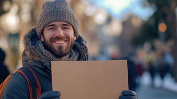 Smiling man holding a blank cardboard sign in a snowy urban environment during winter photo