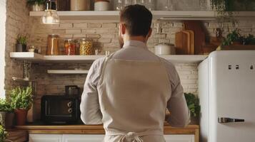 A man prepares food in a bright kitchen surrounded by plants and organized shelves photo