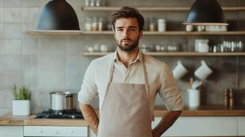 Young man with an apron standing confidently in a modern kitchen, preparing to cook a meal photo