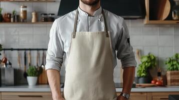 A chef in a gray jacket and beige apron stands confidently in a modern kitchen with fresh ingredients and utensils visible photo