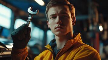 Young mechanic holding a wrench in a workshop during the day, focused on repairing a vehicle photo