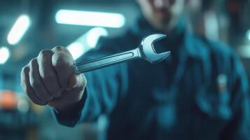 A mechanic holds a wrench confidently in a garage setting during the day, ready to tackle automotive repairs photo