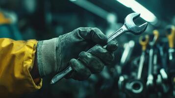 A worker holding a wrench in a dimly lit workshop with various tools in the background, showcasing a moment of focus and readiness photo