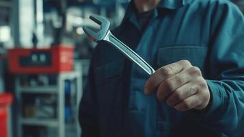 Mechanic holding a wrench in an automotive workshop during the day photo