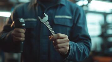 A mechanic holding a wrench while preparing to work on a vehicle in an auto repair shop during the day photo