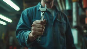 A mechanic holds a wrench in a workshop during evening hours showcasing precision and readiness for repairs photo