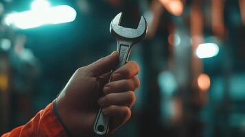 A mechanic holds a wrench in a dimly lit workshop during evening hours photo