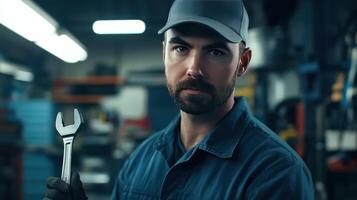 Mechanic in workshop holding adjustable wrench during afternoon repairs photo