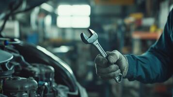 Mechanic holding a wrench while inspecting a car engine in a busy automotive workshop during the day photo