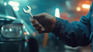 Mechanic holding a wrench in an auto repair shop during evening hours photo