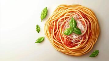 Delicious spaghetti served with fresh basil and grated cheese on a light background, highlighting Italian culinary tradition photo