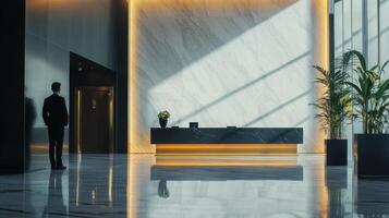 A businessman stands in a modern lobby with marble floors and stylish lighting during the day photo