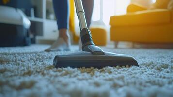 A person vacuuming a living room carpet with a cozy sofa in the background during the afternoon sunlight photo