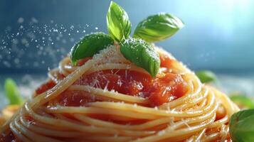 Freshly prepared spaghetti topped with basil and grated cheese in a bright kitchen setting photo