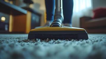 Person vacuuming a soft carpet in a cozy living room during daytime photo