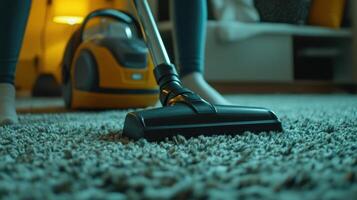 Cleaning carpet with vacuum in a cozy living room during the evening photo